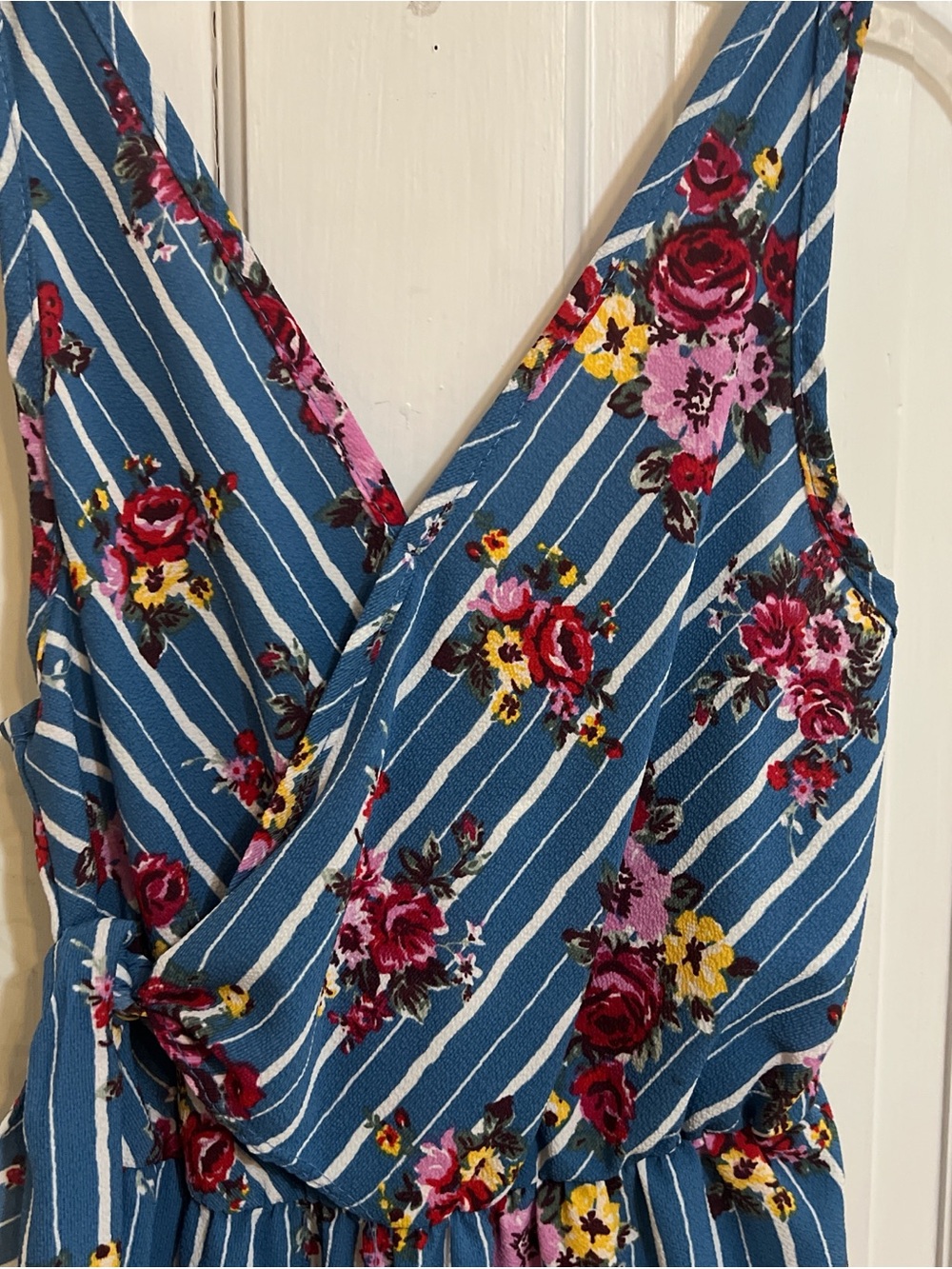 Blue Floral Striped V-Neck Jumpsuit